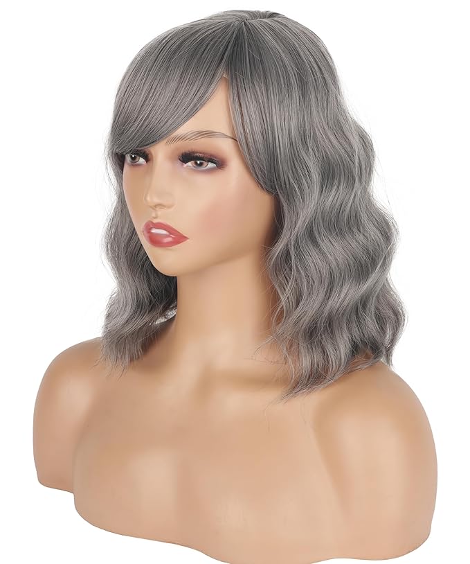 Short Gray Wavy Wigs For Black Women With Bangs - Synthetic Silver Grey Wavy Wigs For Daily Use