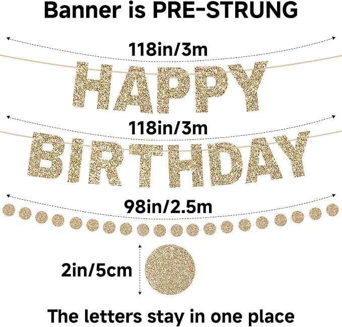 Alynta Happy Birthday Banner Pre-Strung Glitter Birthday Party Decorations | NO - Image 3
