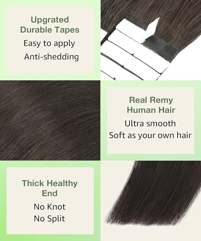 SURNEL Tape in Hair Extensions Human Hair Color 2 Darkest Brown 20 inch Tape in Human Hair Extensions 20 pcs 50g(#2-20)