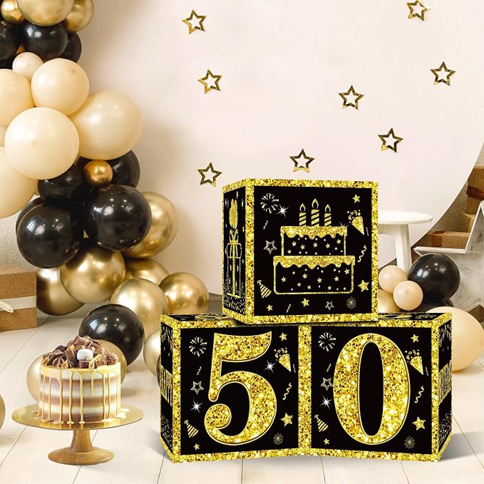 Eiurteao 3pcs Black Gold 50th Birthday Decorations Boxes - Image 2