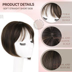 LEEONS Hair Toppers for Women with Bangs Short Bob Synthetic Pieces for Thinning Hair Side Part (Dark Brown with Highlights)