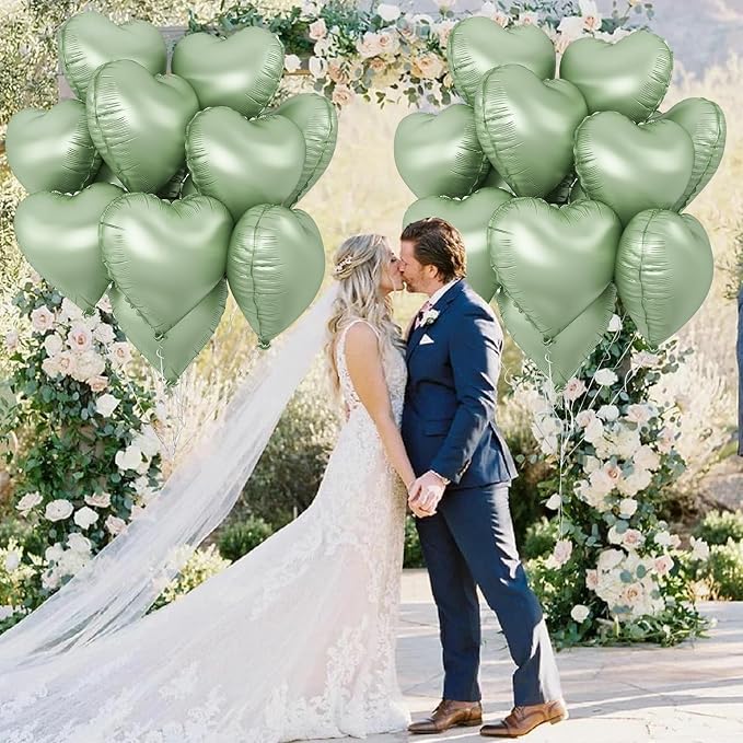 Sage Green Heart Foil Balloon, Light Green Heart Shaped Foil Balloons - Image 6