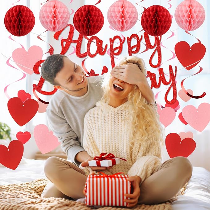 YEOCU Birthday Decorations, No DIY Pre-Strung Happy Birthday Banner | Red Heart - Image 3