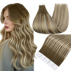 Full Shine Hair Extensions Tape in 12 Inch Balayage Color 3 Dark Brown Fading to 6 and 22 Blonde Invisible Double Sided Tape in Extensions Human Hair 20PCS Brazilian Seamless Skin Weft 30g for Party