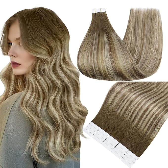 Full Shine Hair Extensions Tape in 12 Inch Balayage Color 3 Dark Brown Fading to 6 and 22 Blonde Invisible Double Sided Tape in Extensions Human Hair 20PCS Brazilian Seamless Skin Weft 30g for Party