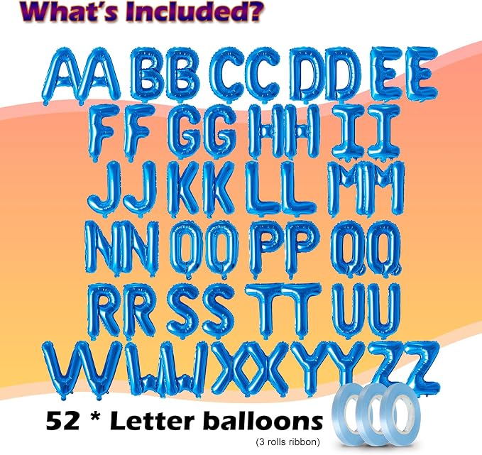 52 Pcs 16 Inch Blue Letter Foil Balloons, 2 Sets of A-Z, Mylar Metallic - Image 2