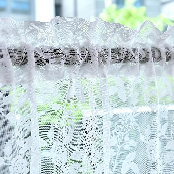 FINECITY White Lace Valance for Kitchen Window W52 x L18 Inch 1 Panel | Rod - Image 4