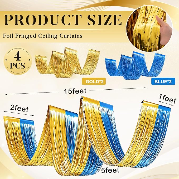 4 Pcs 15ft Gold Blue Metallic Foil Ceiling Fringe Curtains, Fringe Drapes - Image 2