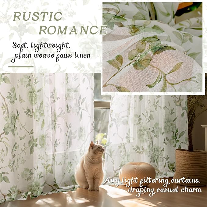 Sage Sheer Curtains 54 Inch Length 2 Panels Set Sheer, Leaf Patterned Linen - Image 4
