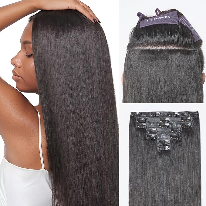 LUVME 0.59mm Zero Trace Invisible Clip in Hair Extensions, Yaki Straight 6 Pcs 100g 24 Inch, 100% Real Human Hair Clip Ins, Wider Wefts for Easy Sectioning and Long Yaki Length for Glam Looks