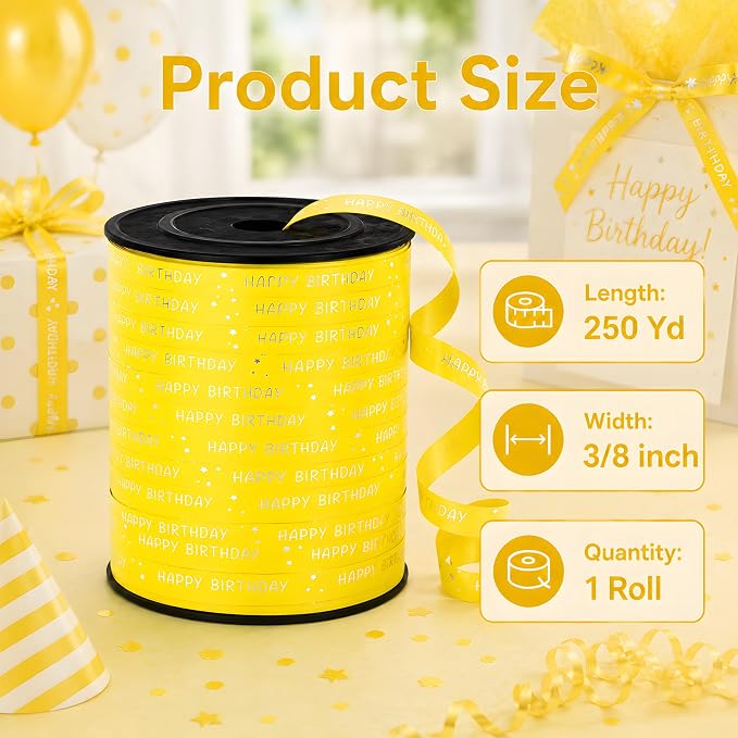 BEISHIDA 250 Yards Yellow Happy Birthday Printed Crimped Curling Ribbon Balloon - Image 2