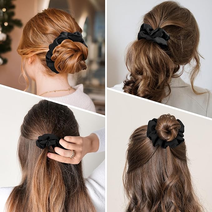 6Pcs Scrunchies for Women, Premium Satin Hair Scrunchies Sleep, Scrunchies For All Hair Types and Textures, Girls Ponytail Holders Hair Accessories -Black (Black)