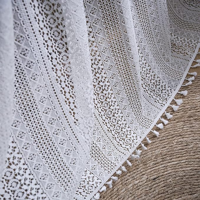 Sutuo Home White Crochet Boho Curtains 72 Inches Length, Sheer Lace Handmade - Image 4