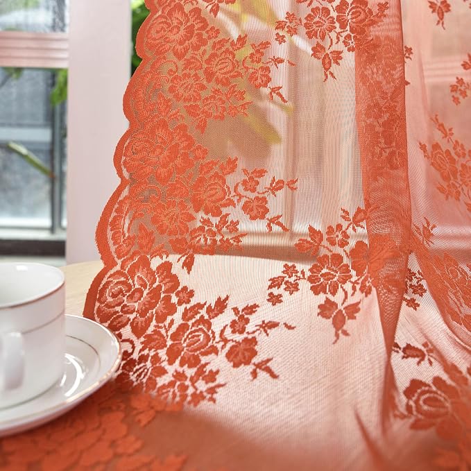 Kotile Burnt Orange Sheer Lace Curtains - Image 5