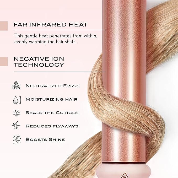 NuMe Classic Ceramic Curling Wand - Tourmaline 1.25 Inch Barrel Hair Curler, Negative Ion Conditioning, Far Infrared Heat - All Hair Types - Blush