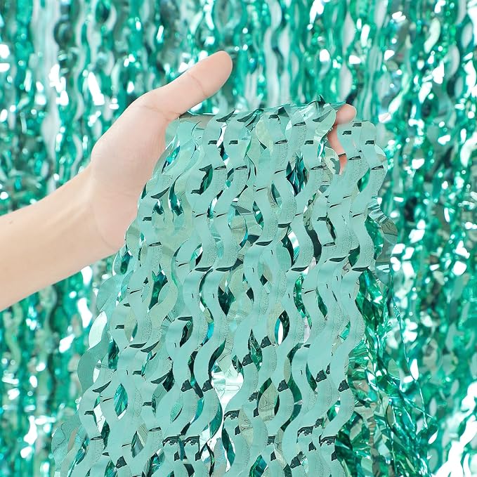 3 Pack Teal Aqua Blue Wave Foil Curtains - Image 2