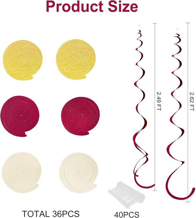 36 Pcs Maroon Gold Hanging Swirl Decorations Glitter Gold Burgundy Beige Felt - Image 2