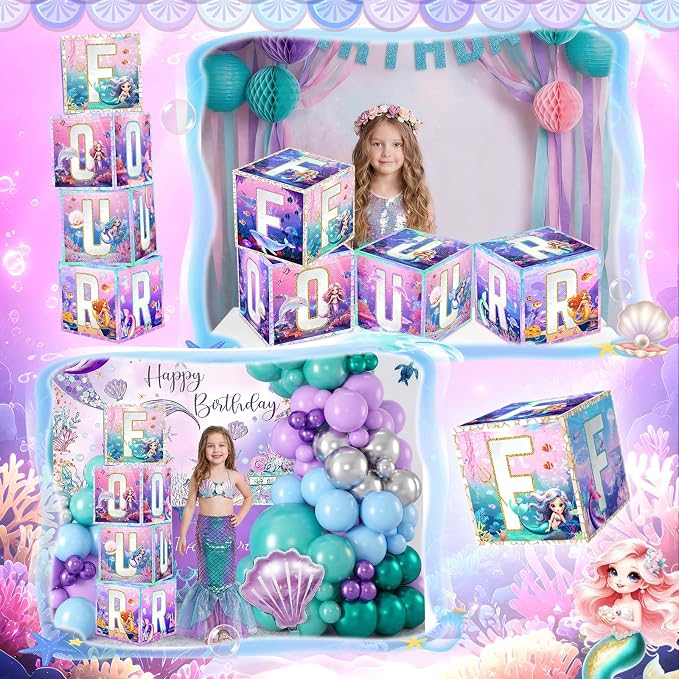 4 Pcs 4th Mermaid Birthday Decorations Four Birthday Balloon Boxes Mermaid - Image 4