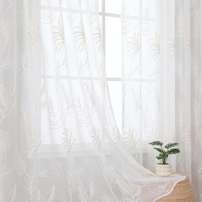 White Sheer Curtains Beige Embroidered Leaf 2 Panels 84 Inches | Light by VISIONTEX