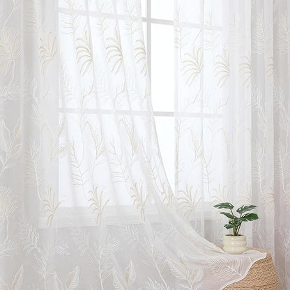 White Sheer Curtains Beige Embroidered Leaf 2 Panels 84 Inches | Light by VISIONTEX