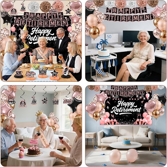 Retirement Party Decorations for Women Men, Rose Gold Happy Banner | Retirement - Image 5