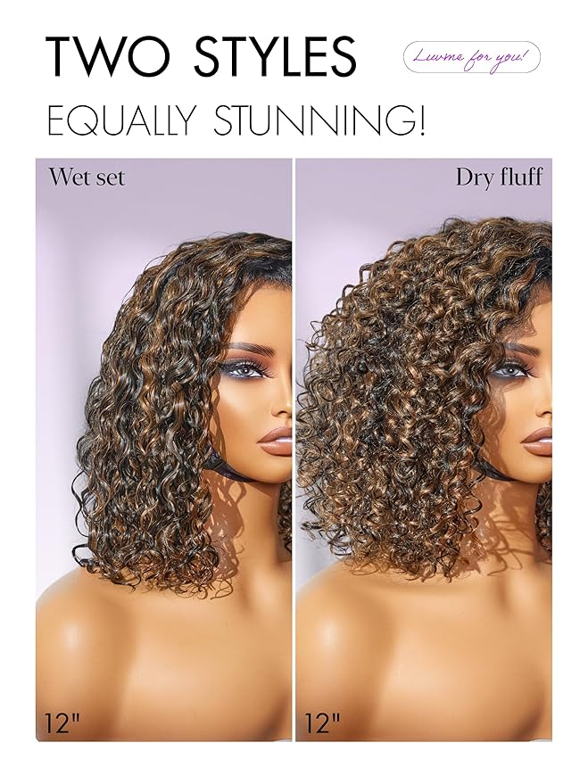 LUVME HAIR 100% Human Hair Wigs Curly Deep Wave Glueless Lace Front 14 Inches Pre Cut Plucked Hd Lace Short Wig Ready To Go Highlight Color Straight Bleached Knots Side Part Black Wigs