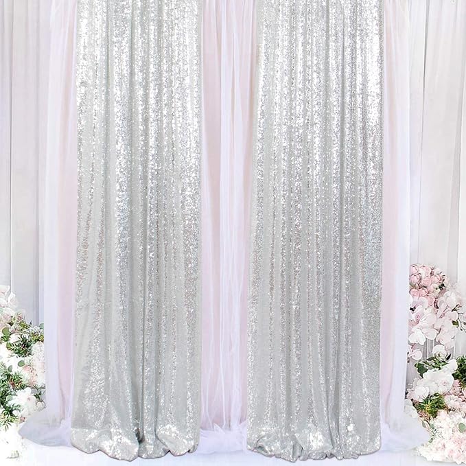ShinyBeauty Silver Sequin Curtain Backdrop 2 Panels 4FTx8FT Photo Curtain - Image 2