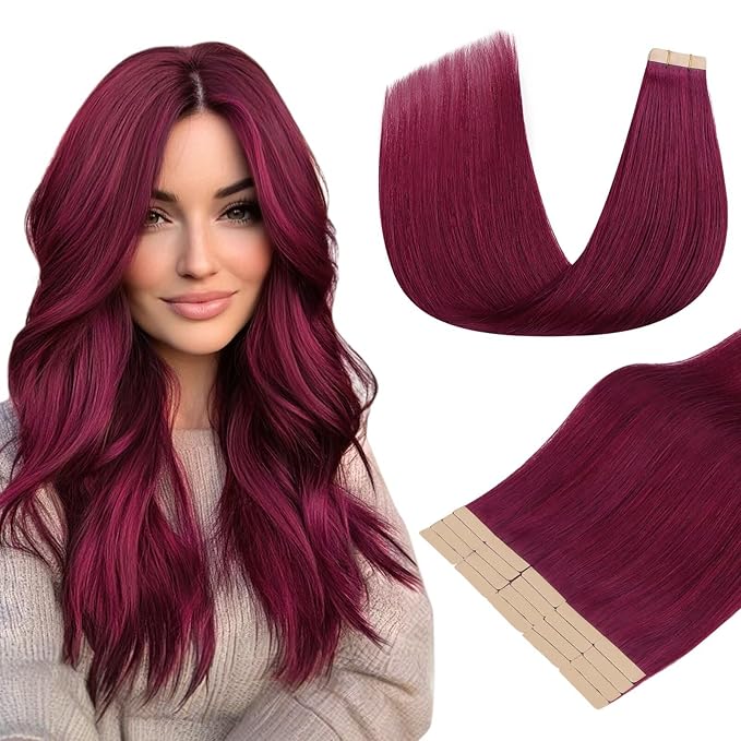 DOORES Human Hair Extensions Tape in, 26 Inch 60g 20pcs, Burgundy Tape in Extensions Human Hair Silky Straight Skin Weft Natural Hair Extensions Remy Hair