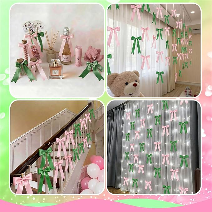 2 Strings Pink & Green Bow Garland Banner Decorations - Image 5