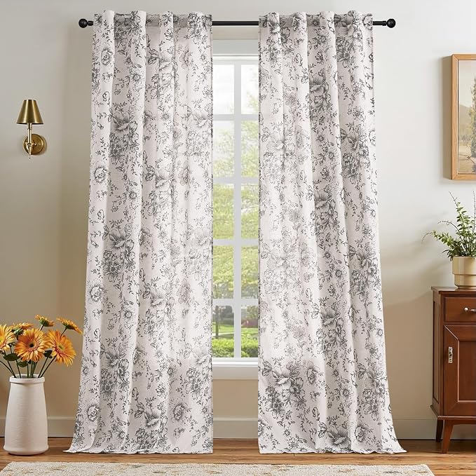 jinchan Black Floral Linen Curtains 96 Inch Farmhouse Back Tab 2 Panels | Light by JINCHAN
