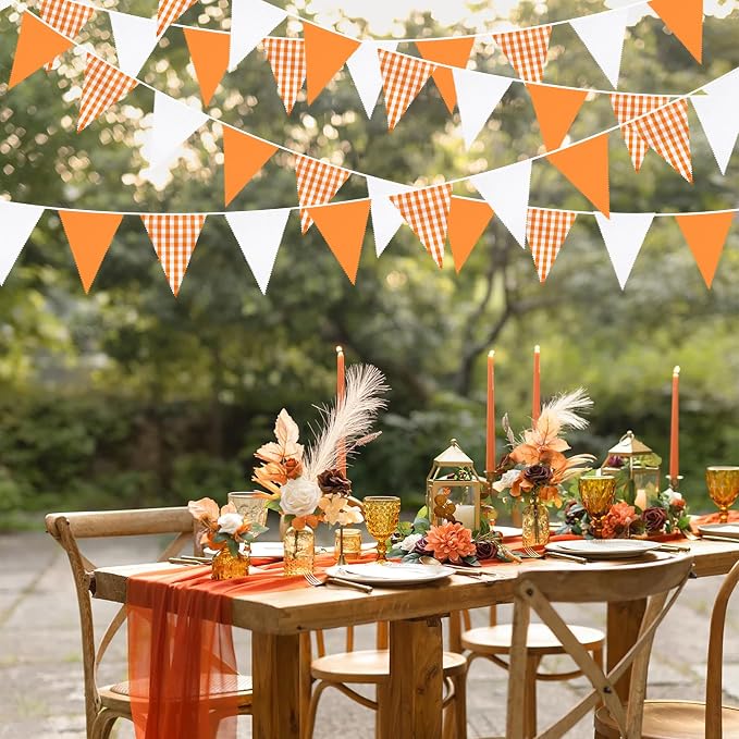 32Ft Orange Party Decorations Orange Buffalo Plaid Checkered White Triangle - Image 6