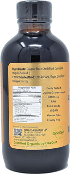 Prime Natural Organic Black Seed Oil 4oz - Cold Pressed Unrefined High Thymoquinone 1.7% USDA Certified - Turkish Origin Potent Nigella Sativa Liquid - Vegan Omega 3 6 9, Antioxidant