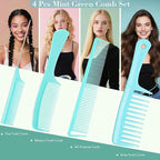 SALONSILK Mint Green 4PCS Professional Comb Set, Wide Tooth Rat Tail Fine Tooth Hair Combs, Braiding Cutting Barber Styling Curly Parting Set for Men and Women