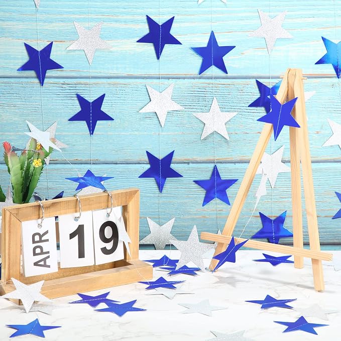 Patelai 130 ft Star Garland Banner Decor, Ocean Blue, Glitter Silver - Image 4