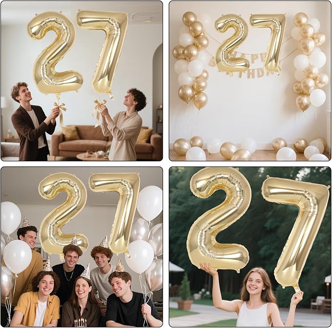 Champagne Gold Large Number 27 Balloon, 40 Inch Light Gold Foil Helium Number - Image 7