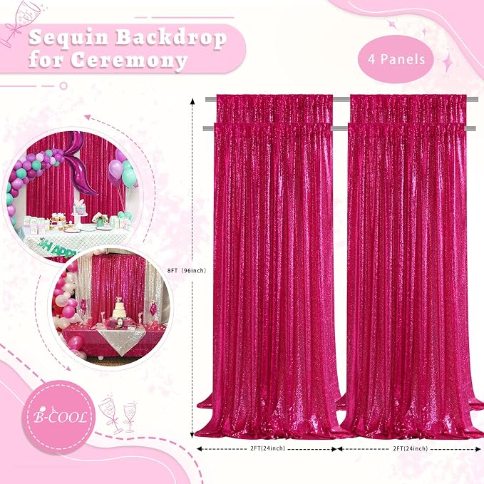 Fuchsia Sequin Backdrop Curtains 4 Pcs 2ftx8ft Glitter Shimmer Fabric | Sparkly - Image 4