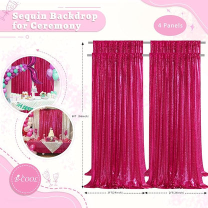 Fuchsia Sequin Backdrop Curtains 4 Pcs 2ftx8ft Glitter Shimmer Fabric | Sparkly - Image 4