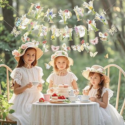 SUNBEAUTY Wildflower Butterfly Happy Birthday Banner Spring Floral Birthday - Image 5