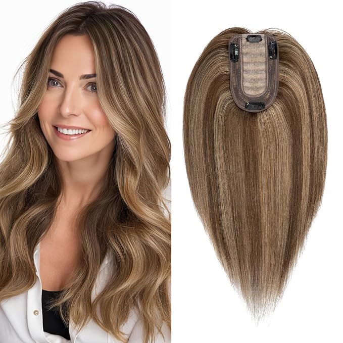 SEGO Real Human Hair Topper for Women, No Bangs Hair Topper with Anti-Slip Clips (16 Inches Medium Brown Mix Dark Blonde)