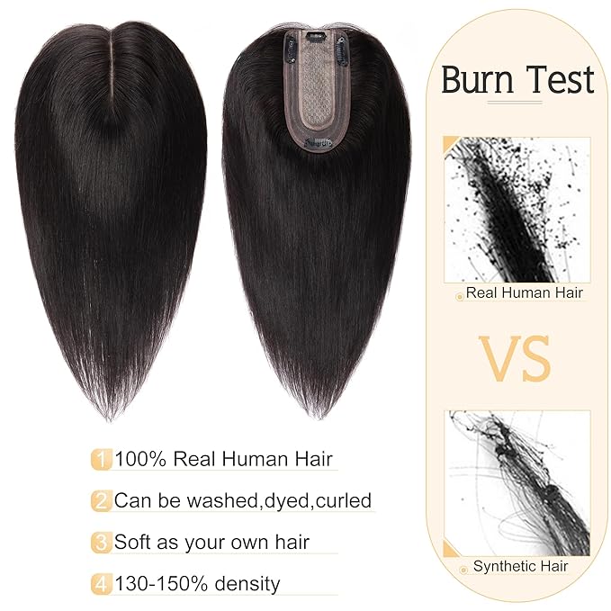 SEGO Human Hair Toppers for Women With Thinning Hair, 7 * 13CM Silk Base 100% Real Human Hair Clip in Top Wiglet Hairpieces //6 Inch No Bangs Natural Black