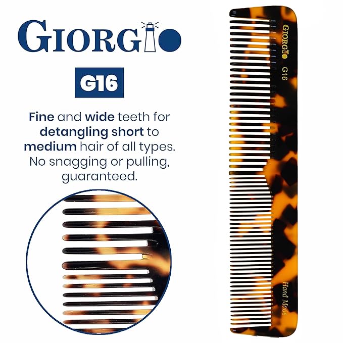 Giorgio G16 Handmade Hair Comb and Detangler - Fine and Wide Tooth Saw Cut Comb for Men and Women's Styling and Detangling
