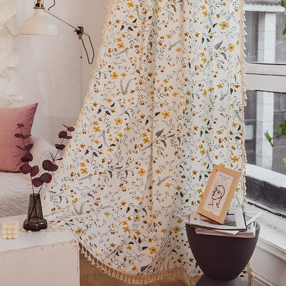 Sutuo Home Boho Curtain Semi-Blackout Yellow Florals Print Cotton Linen Fabric by SutuoHome