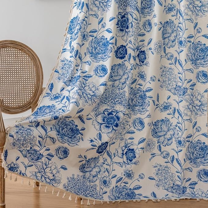 F-CHU Blue Curtains for Bohemian 90 Inch Length French Country Floral Drapes - Image 6