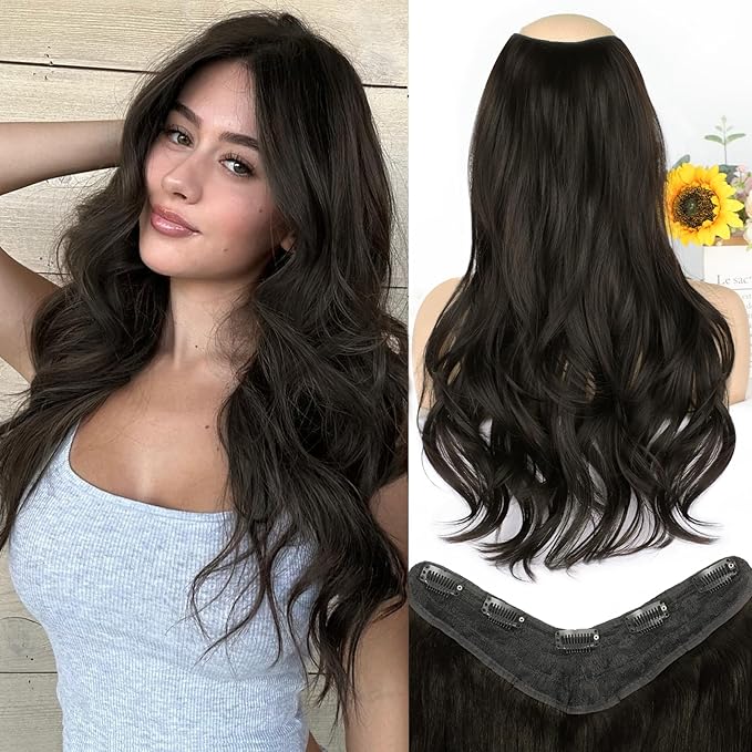 ALXNAN Long Wavy Hair Extensions for Women, Clip in Hair Extensions Clip Ins Soft Full Head Synthetic Hairpieces 20 Inch Black Brown