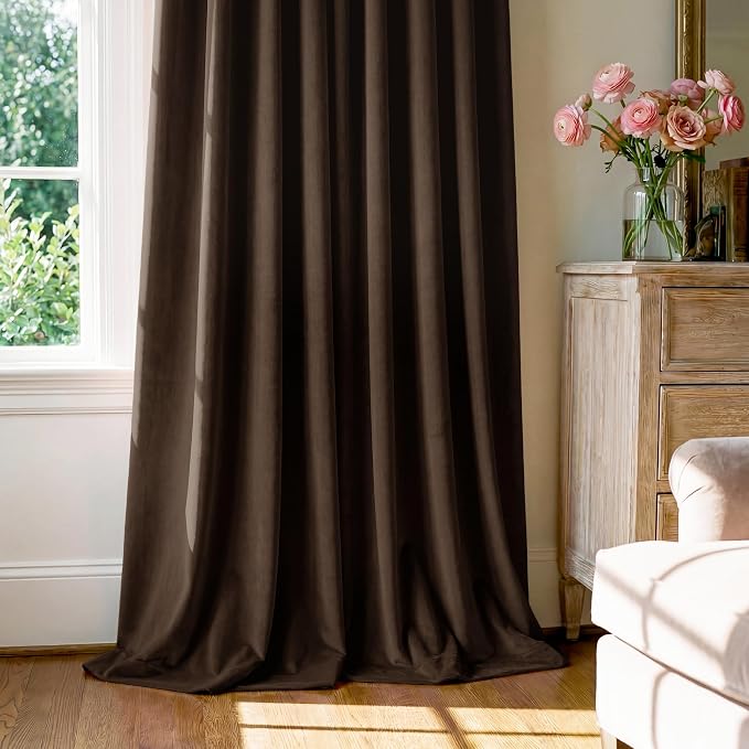 Brown Velvet Curtains Blackout for Living Room, W52 x L84, 2 Panels | Room - Image 7
