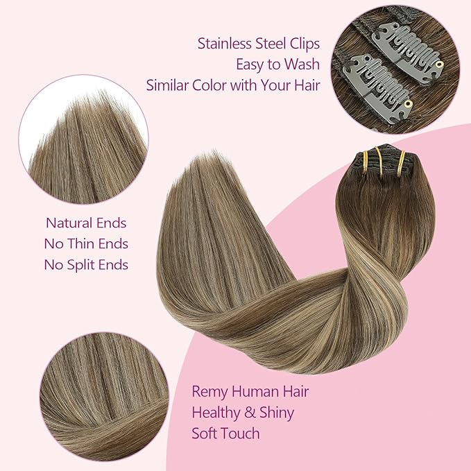 PINKPEARL Clip in Hair Extensions Human Hair, Remy Human Hair Clip ins for Women #4/27/4 Chocolate Brown to Caramel Blonde Balayage Clip Hair Extensions 7pcs 120g 18inch(#4/27/4-18)