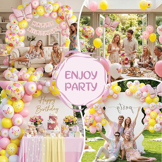 Flower Balloons, 12 Inch Pink Yellow White Daisy Printed Balloon, Butterfly - Image 7