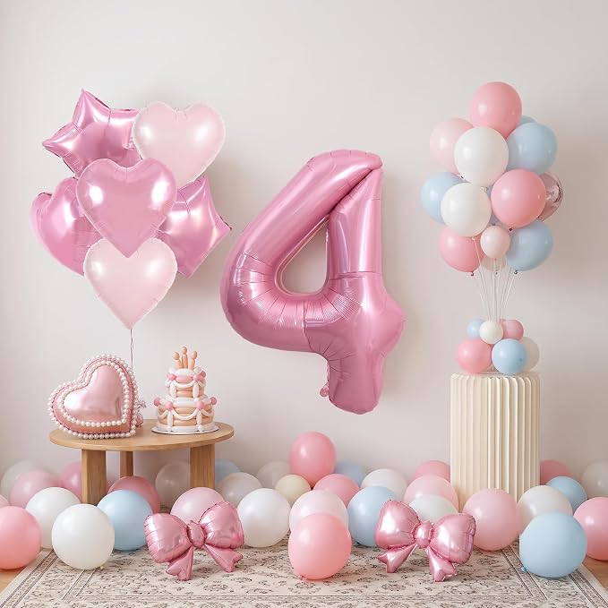 TONIFUL 4th Birthday Balloons Kit 40 Inch Pink Large Number 4 Foil Balloon | - Image 3