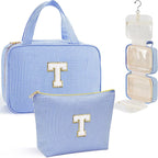 YOOLIFE Hanging Toiletry Bag for Women - Travel Toiletry Bag Makeup Bag, Portable Toiletries Cosmetic Bag, Airplane Travel Essentials - Letter T, Blue