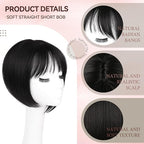 LEEONS Hair Toppers for Women with Bangs Short Bob Synthetic Pieces for Thinning Hair Side Part (Black)